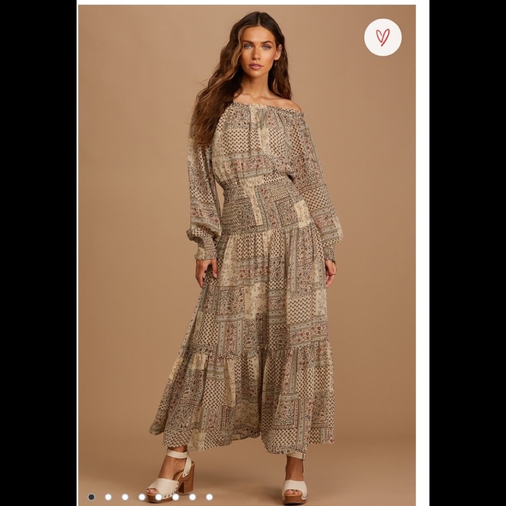 NWT Lulu's Boho Earthy Off-the-Shoulder Maxi Dress